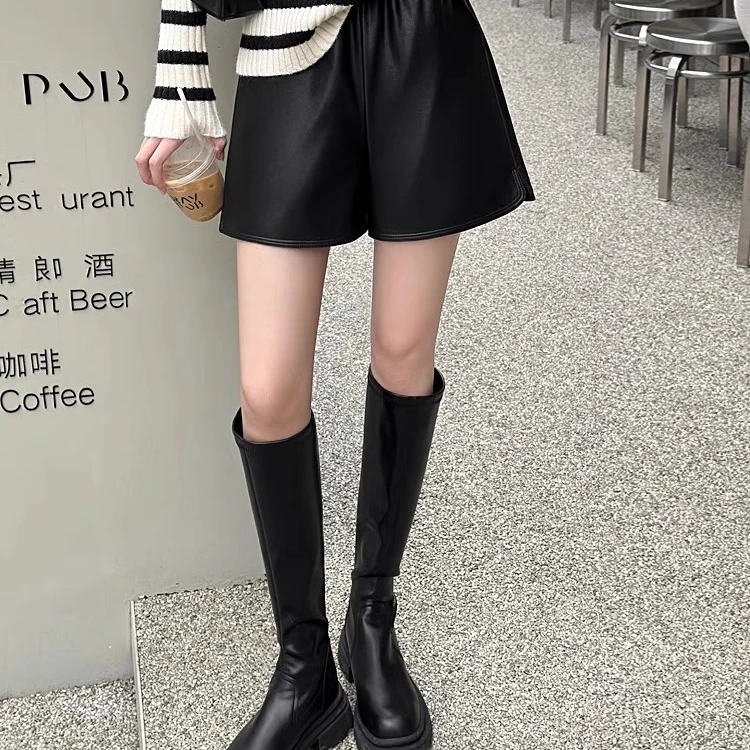 【LIULIU】皮裤女秋季小个子外穿显瘦松紧高腰a字外穿加绒阔腿短裤