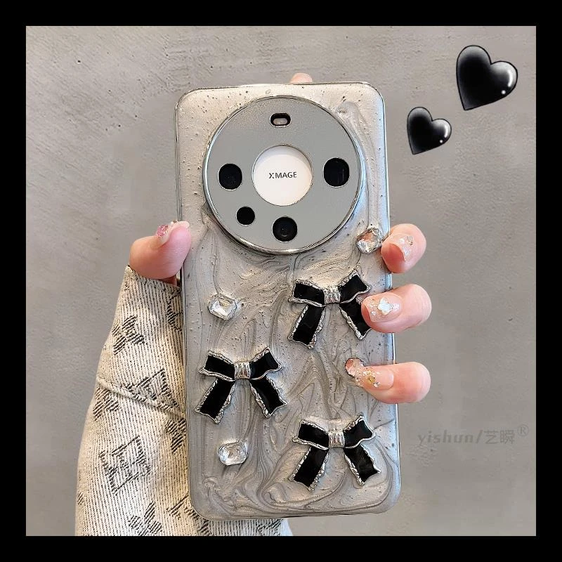 适用华为mate60Pro+手机壳新款50e立体蝴蝶结水钻女款40电镀3硅胶