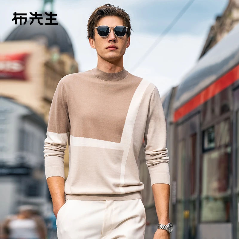 布先生圆领可机洗羊毛t恤春季撞色亲肤舒适长袖羊毛衫男款PT15567