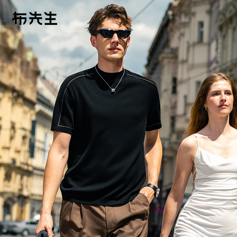 布先生半高领男士短袖毛t春夏亲肤可机洗绵羊毛衫PT15536断码清仓