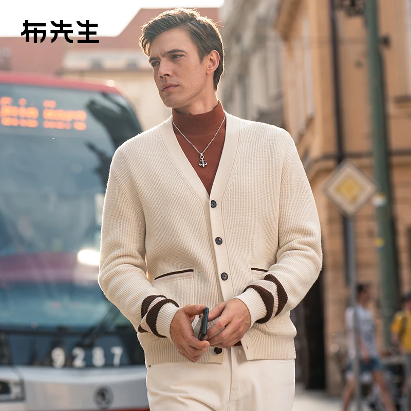 Mr.Bu布先生条纹撞色v领羊毛开衫男士方形口袋毛衣外套BT12310