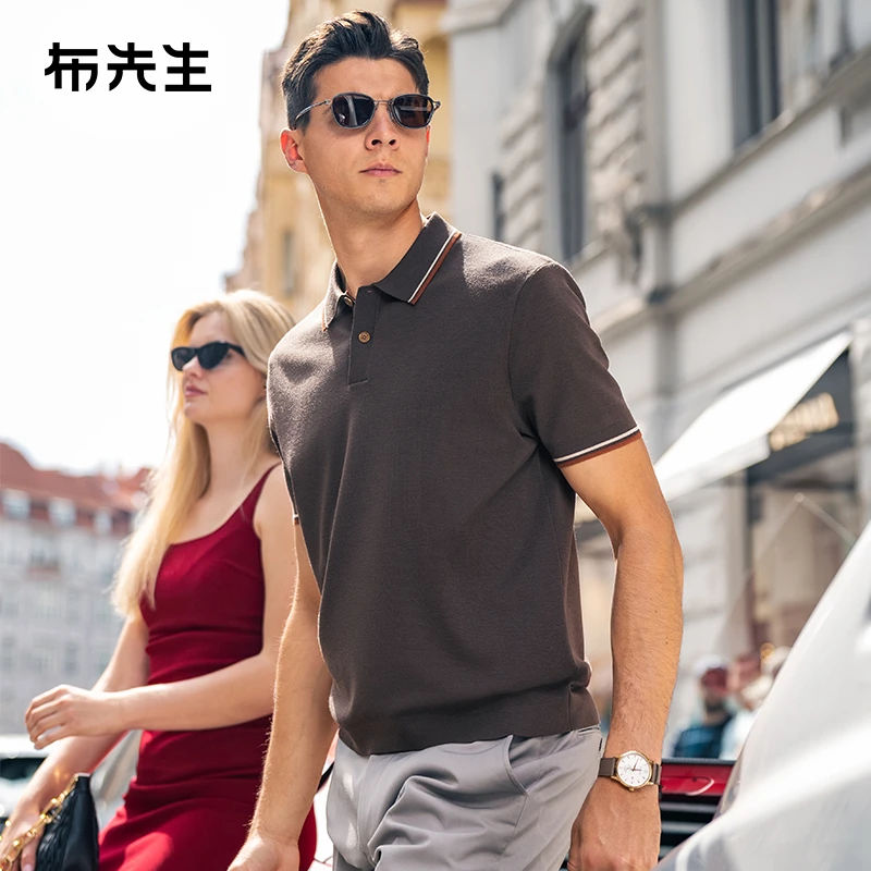布先生翻领短袖羊毛t恤男秋冬新品撞色金属扣美丽诺羊毛衫BT15370