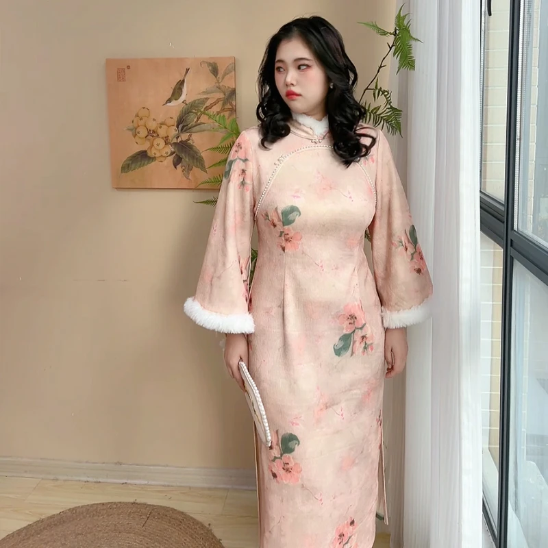 加绒版【自制款】新中式甜美气质粉色倒大袖旗袍大码胖mm连衣裙冬季