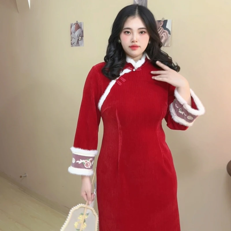 【自制款】新中式红色连衣裙大码胖mm圣诞元旦喜庆中国风旗袍秋冬