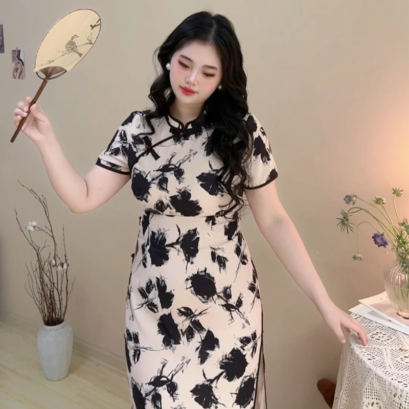 黑玫瑰~【自制款】夏季大码胖mm显瘦复古新中式国风旗袍收腰连衣裙