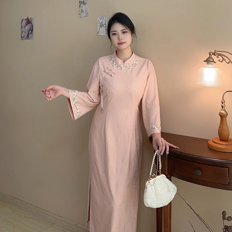 蜜桃清欢【自制款】高端款！大码胖mm新中式少女粉嫩旗袍连衣裙秋季