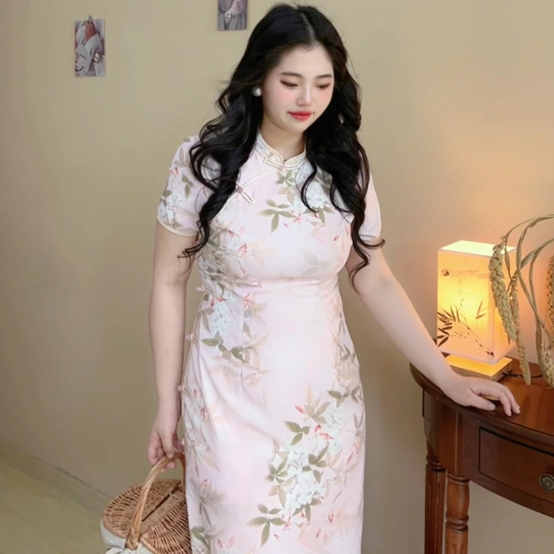 盛夏桃花~【自制款】小清新甜美新中式改良版旗袍高腰连衣裙夏季