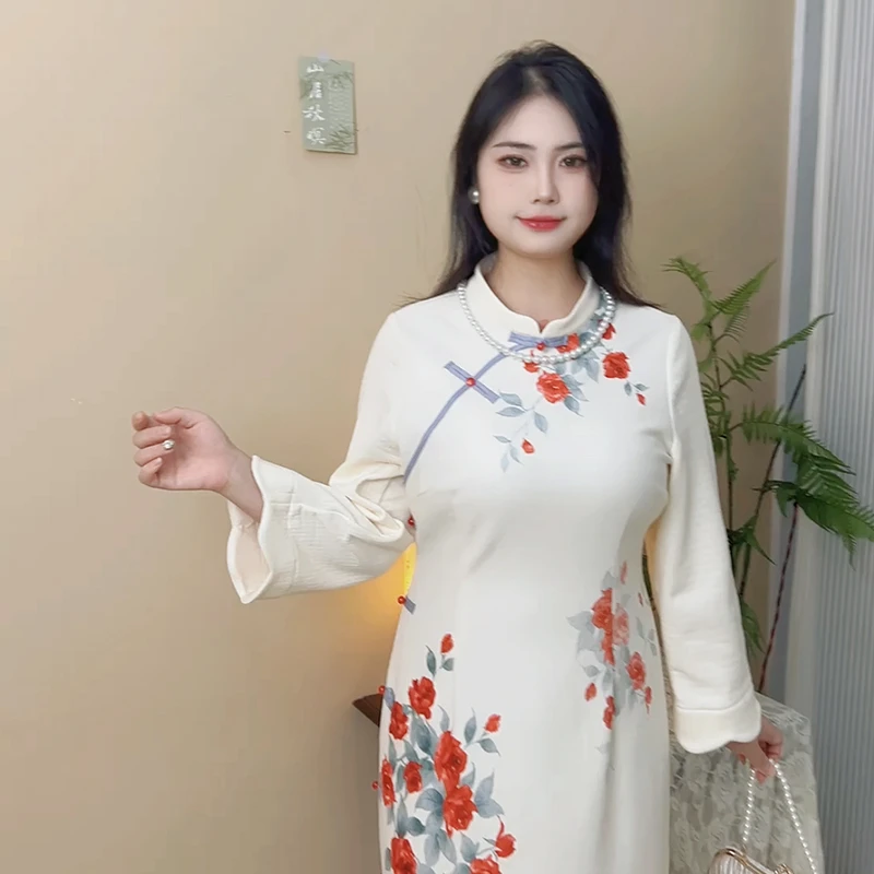 【自制款】遇见大码胖mm玫瑰少女红色改良版旗袍连衣裙加绒200斤