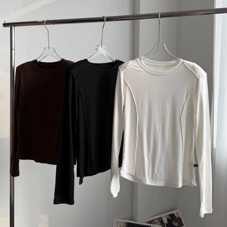 圆领套头长袖T恤打底衫2024早秋新款三色上衣