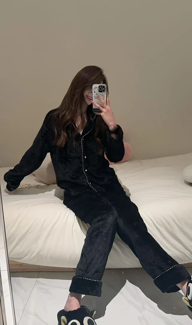 VNS】一冬季时尚少女甜美黑色金丝绒加绒加厚家居服套装#创-2F159