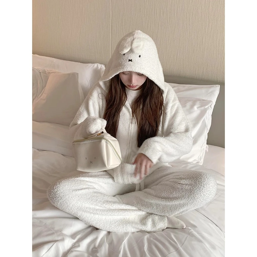【VNS】一冬季可爱米菲兔半边绒睡衣女连帽家居服套装#创-24F594