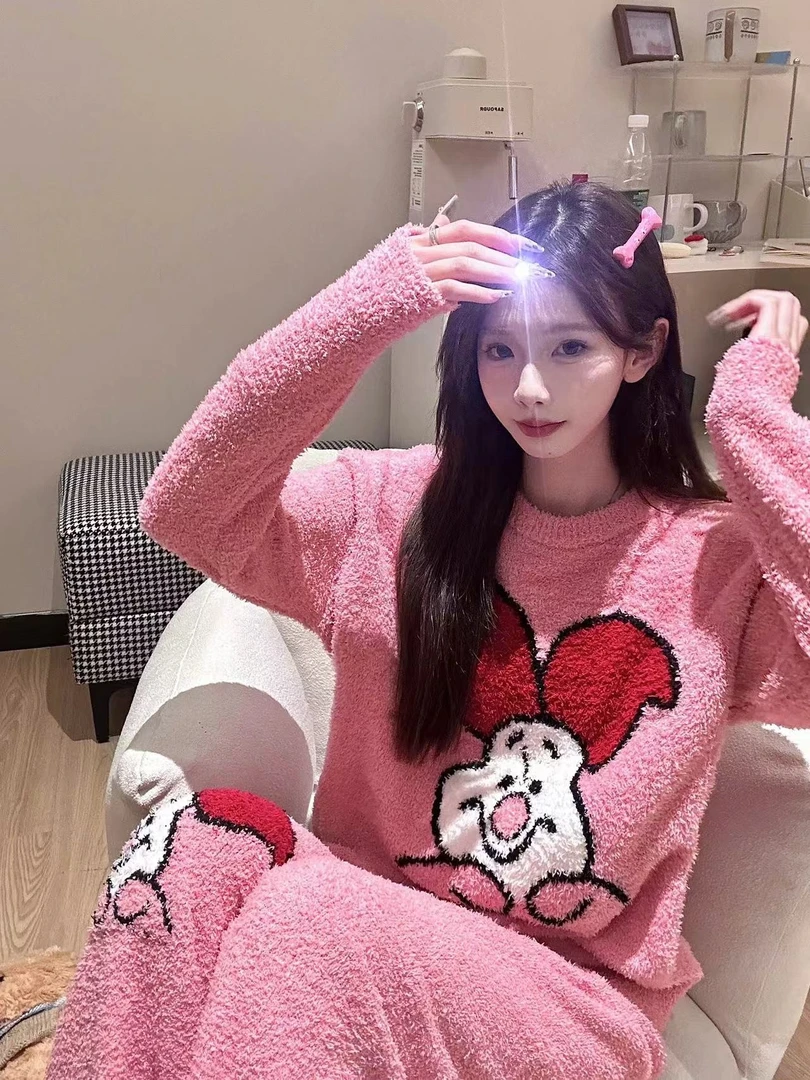 【VNS】一冬款半边绒可爱皮杰猪毛绒睡衣针织家居服套装#创-1B163