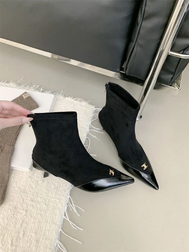 108-7法式尖头冬季高跟短靴女2024秋冬新款百搭金属扣