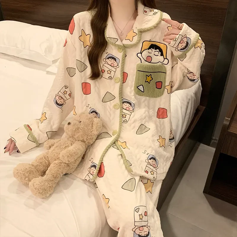 睡衣女秋冬季新款可爱开衫长袖卡通夹层保暖两件套女士冬天家居服