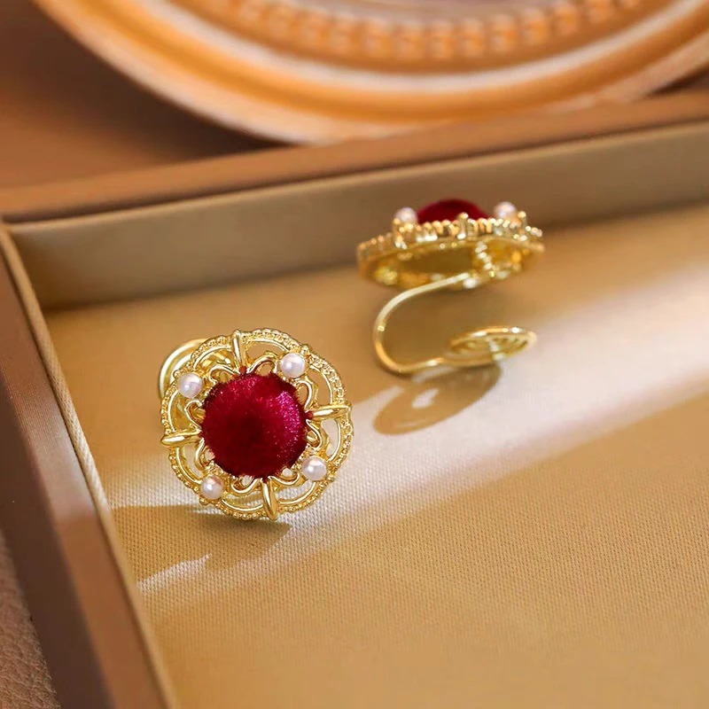 铜合金耳饰 DM00589复古酒红色玛瑙石女优雅高级约气质仿珍珠耳饰