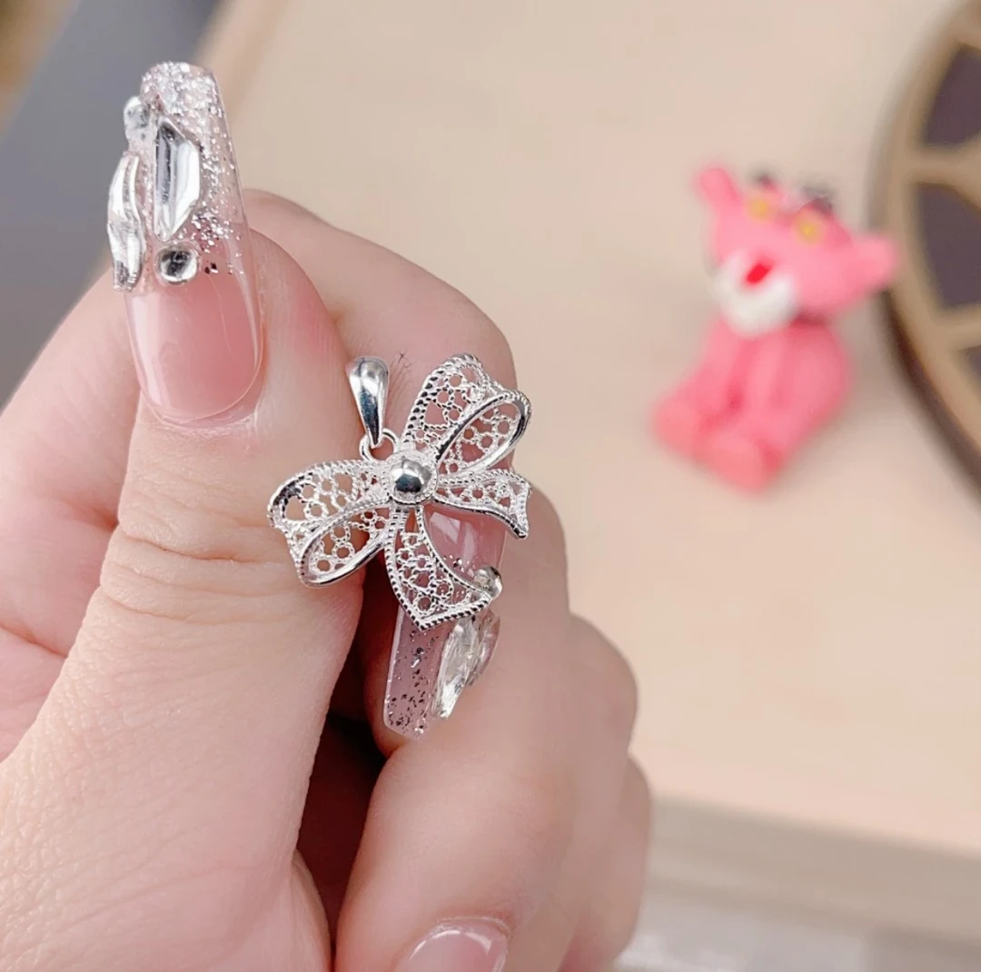 吊坠足银 通体足银 花丝工艺蝴蝶结（单吊坠）