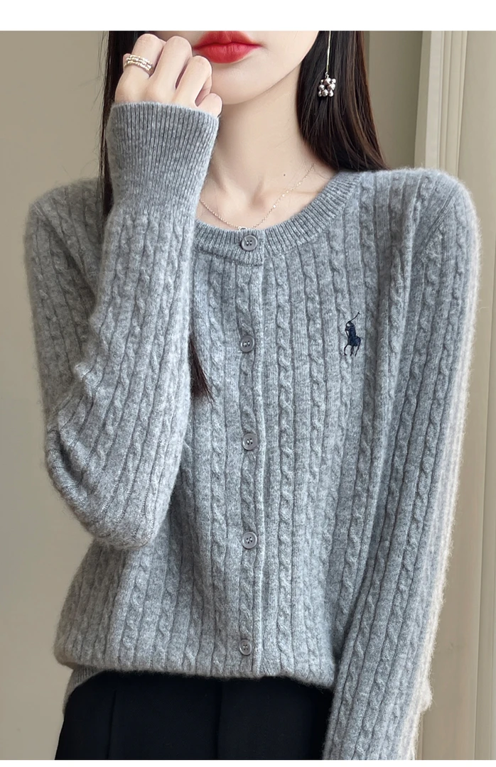 秋冬新款100%纯羊毛小马标刺绣羊毛针织开衫女气质洋气百搭时尚