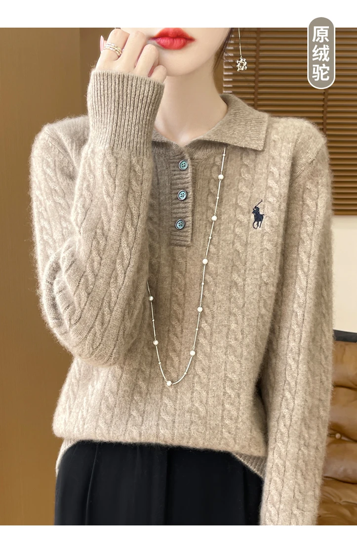 秋冬新款小马刺绣羊毛衫女翻领针织毛衣POLO领套头休闲长袖打底衫