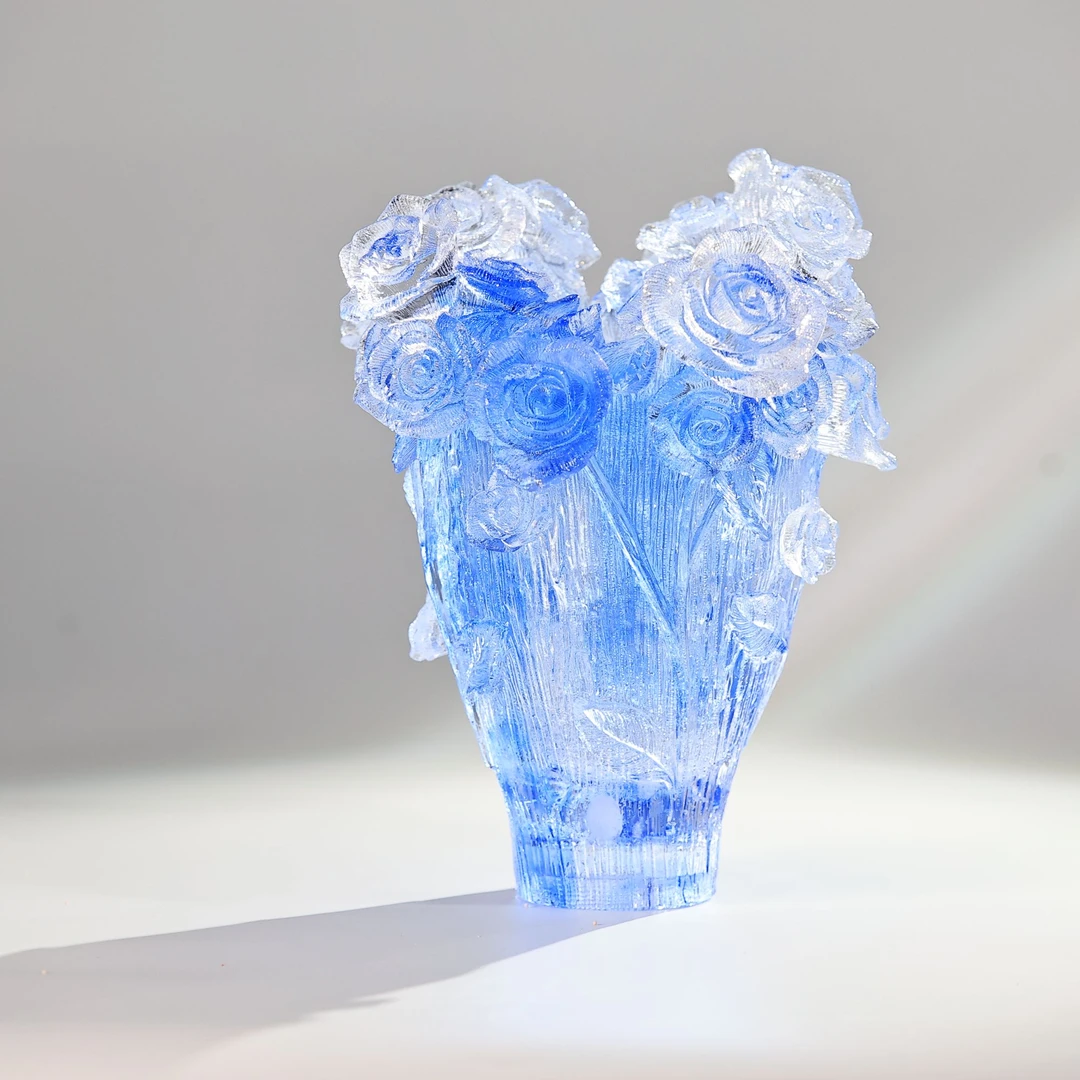 古法琉璃《玫瑰花瓶》法式轻奢立体玫瑰花客厅装饰摆件时尚手工琉璃