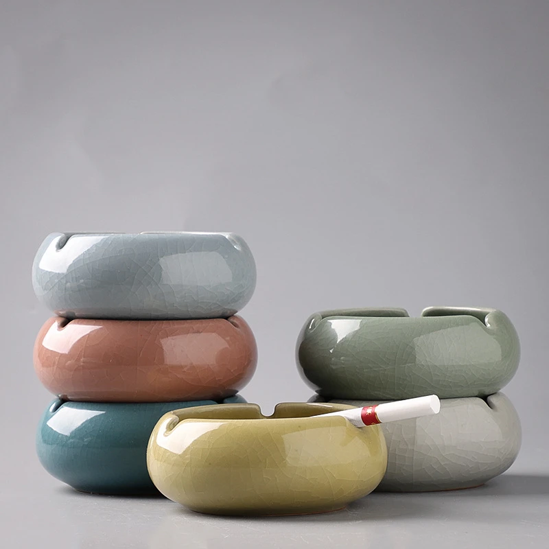 哥窑陶瓷烟灰缸带盖个性时尚创意潮流客厅办公室酒店防飞家用烟缸