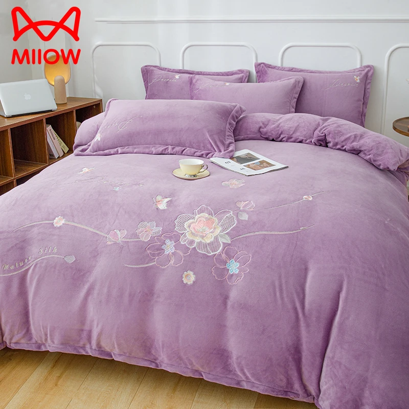 QC牛奶绒四件套双面绒冬季床单被套珊瑚绒加绒绣花床品套件
