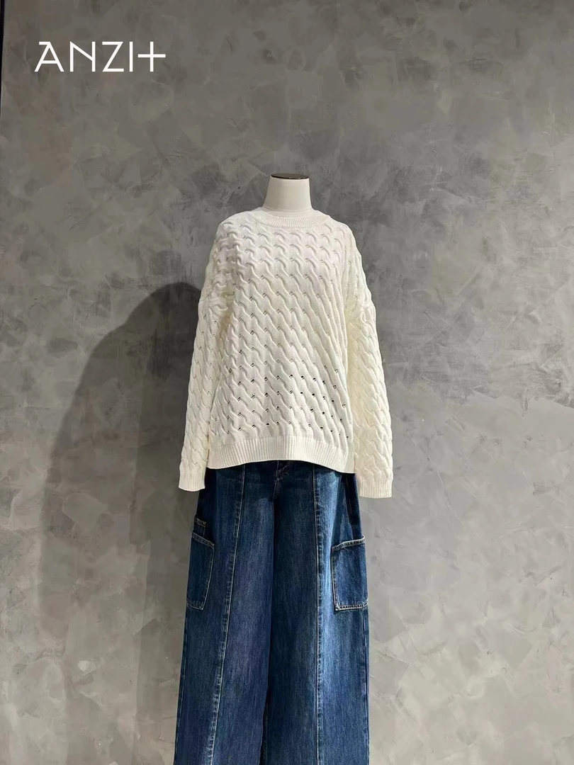 【ANZI+】时尚镂空圆领套头针织上衣百搭长袖针织衫白色紫色秋冬