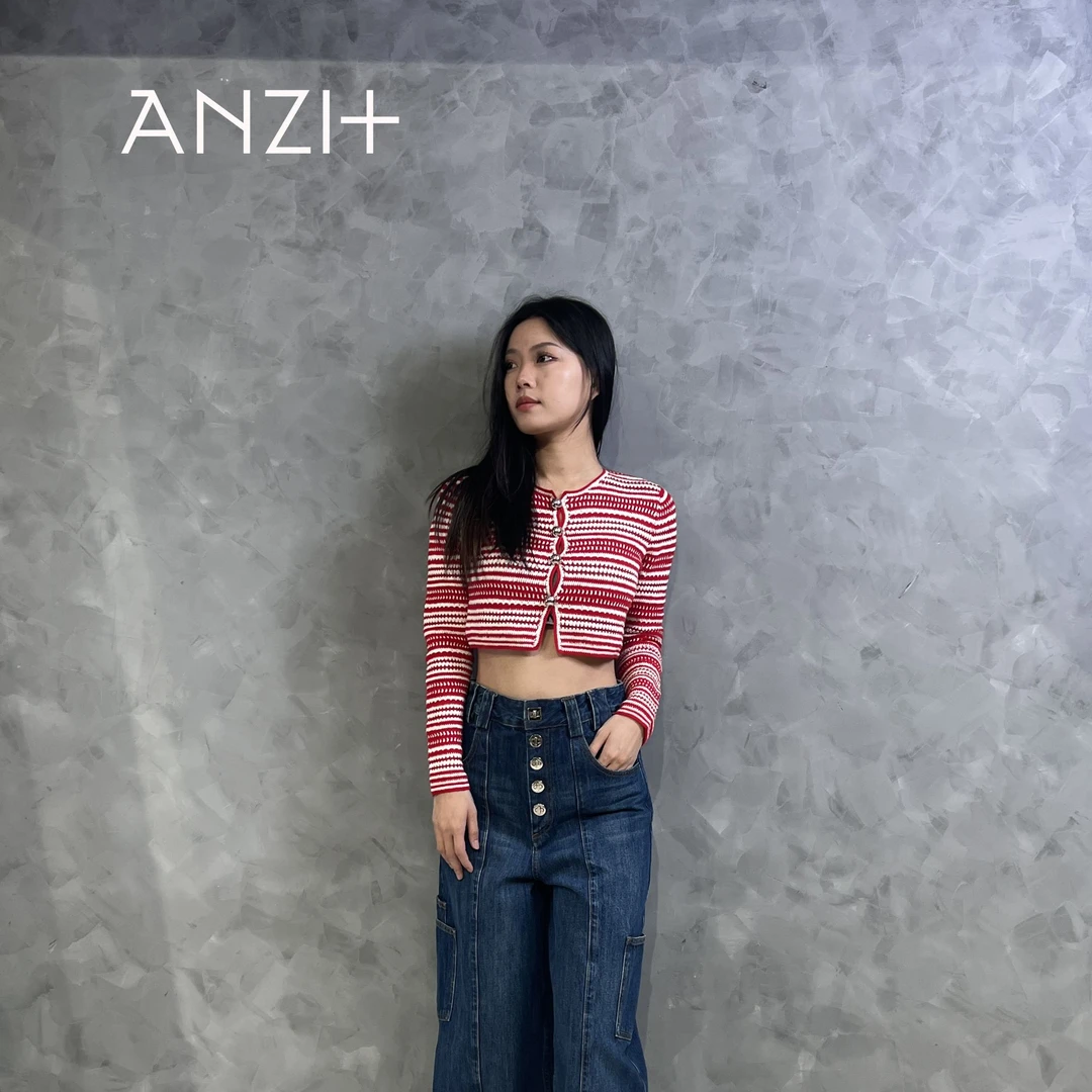 【ANZI+】设计师款高腰时尚百搭蓝色拧锁门襟阔腿牛仔裤复古显瘦