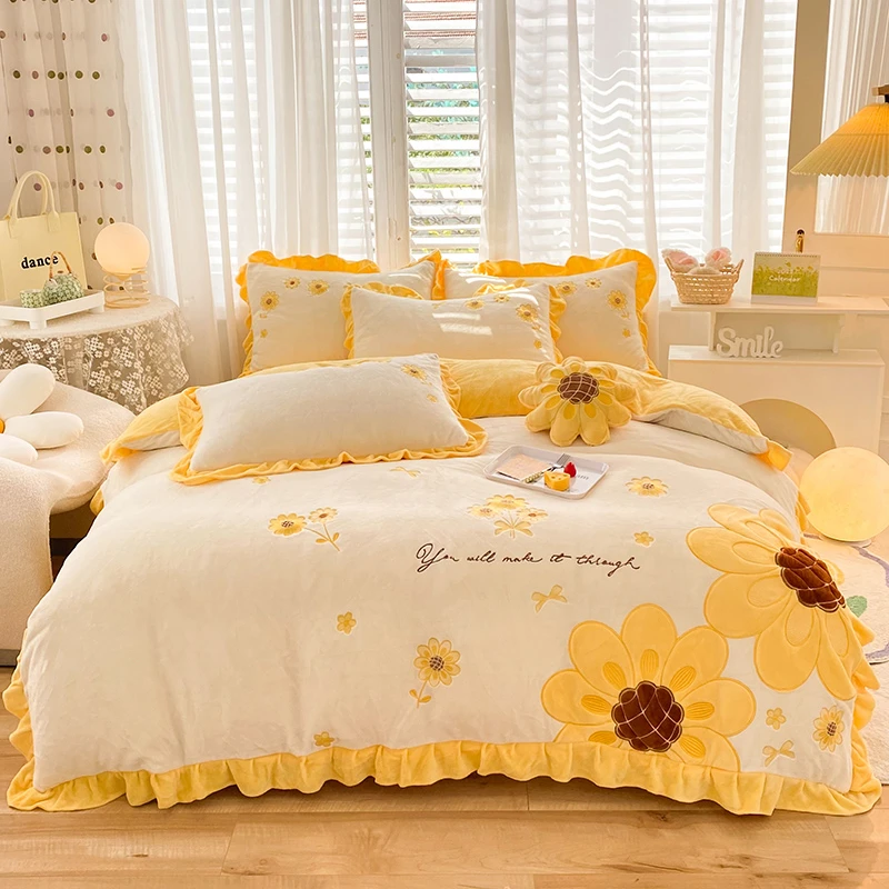 冬季保暖牛奶绒四件套双面绒加厚被套床单法兰绒公主风卡通三件套