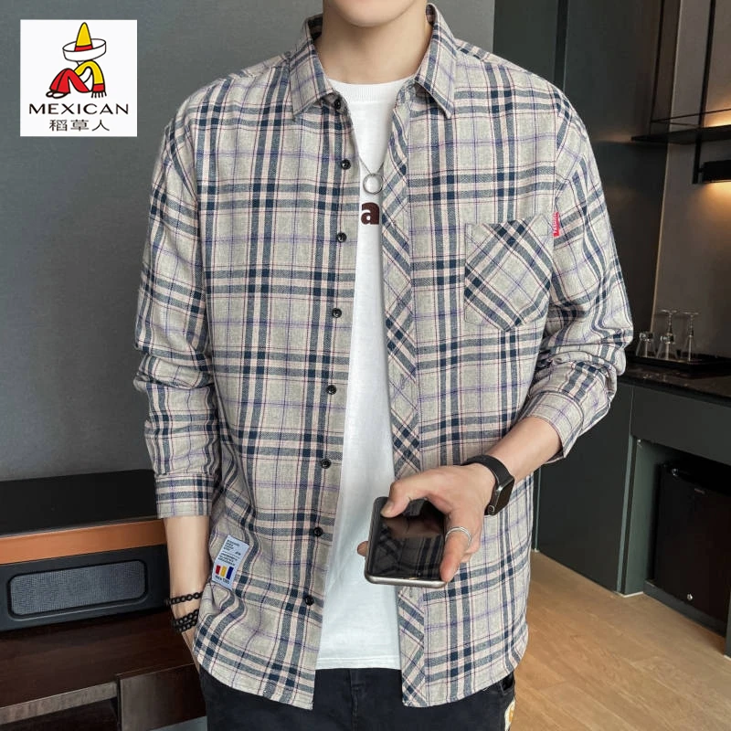 稻草人格子衬衫男春秋新款潮牌高级痞帅长袖衬衣宽松休闲衣服外套
