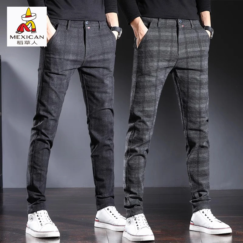 稻草人男士格子休闲裤2025秋冬季加绒加厚韩版商务修身直筒西装裤