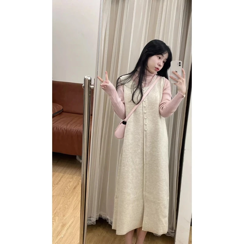 韩系甜美温柔风小个子套装裙女春季新款杏色针织背心裙搭配打底衫