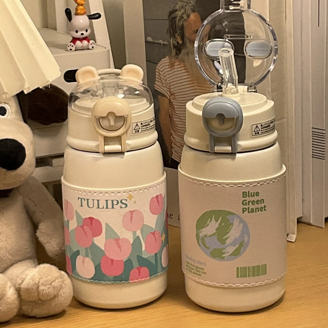 郁金香保温杯ins高颜值女生304不锈钢大容量吸管杯简约不撞款水杯