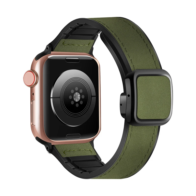适用苹果手表疯马纹表带iwatch9方扣磁吸S8Ultra4567硅胶折叠扣SE