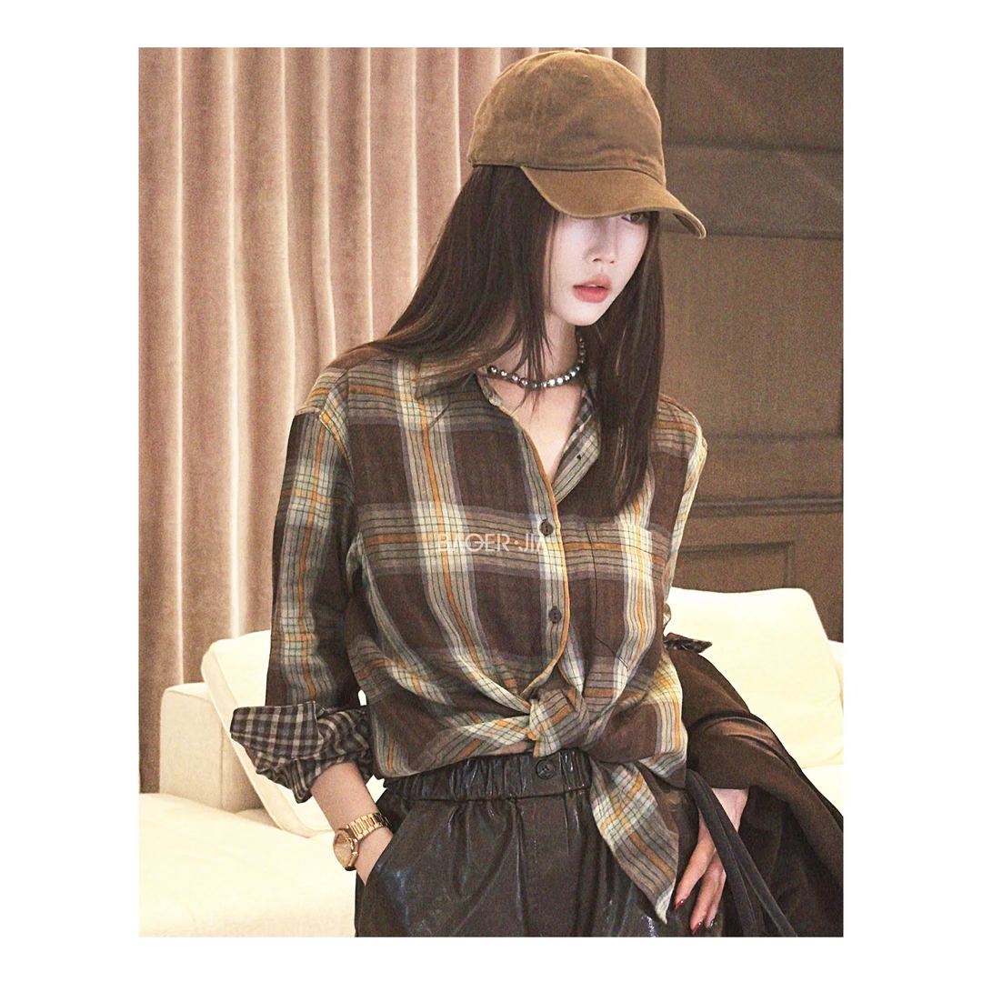 19-宝儿家含幂BK51824309秋季新款穿搭复古撞色格子衬衣