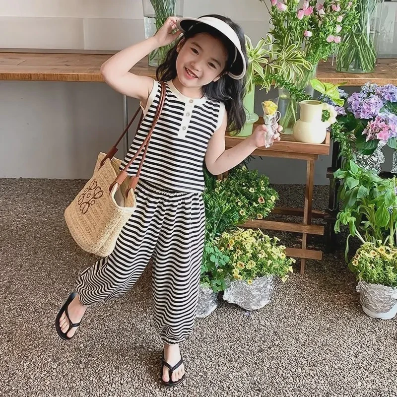 女童夏季2024新款条纹百搭套装无袖背心韩版两件套洋气百搭韩版
