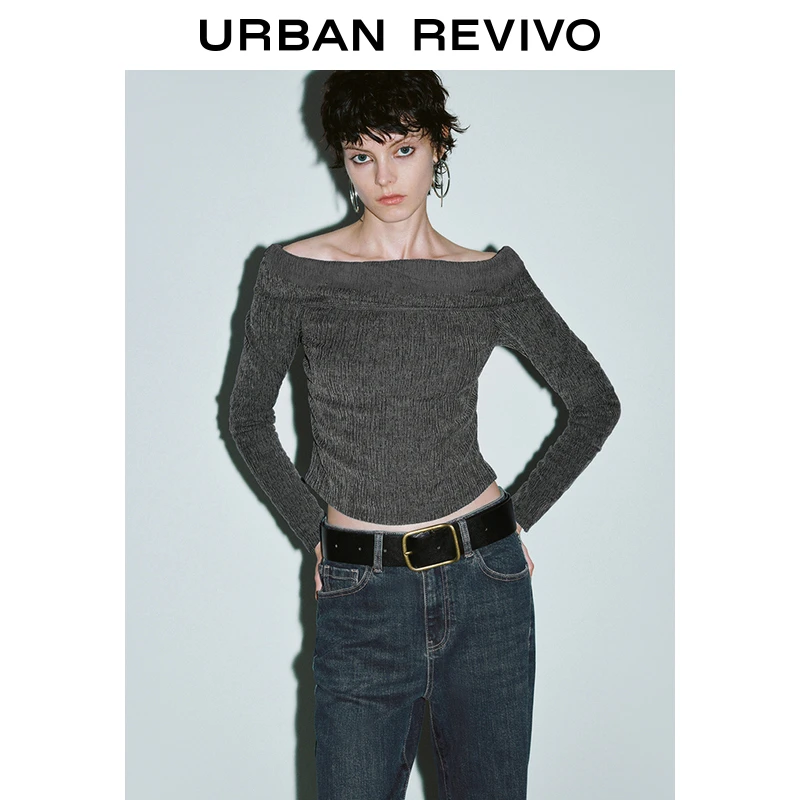 UR女装辣妹氛围感肌理一字露肩长袖T恤UYY440071