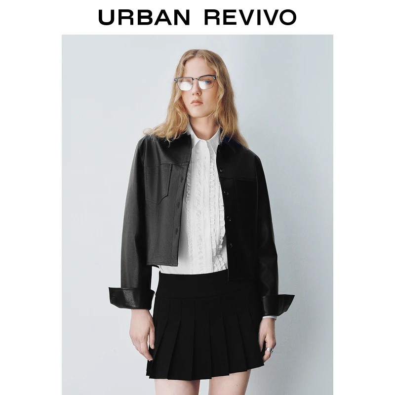 UR2024冬季新款女装时尚都市贴袋纹理PU皮开襟衬衫UYU240014