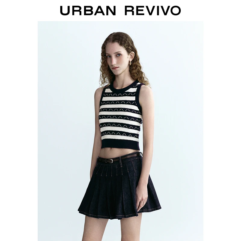 UR2024秋季新款女装时尚通勤风撞色条纹提花针织衫UWU940189