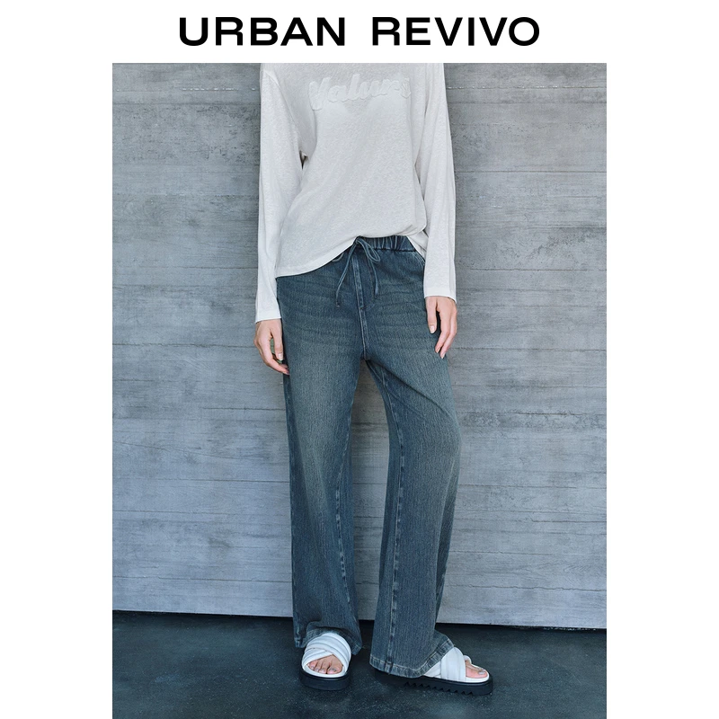 UR2024秋季新款女休闲松紧腰抽绳复古水洗牛仔长裤UWM840039