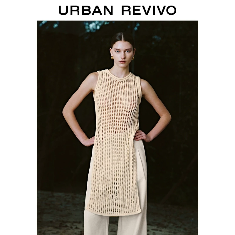 UR2025春季新款女装慵懒度假风镂空肌理长款针织衫UWT940009