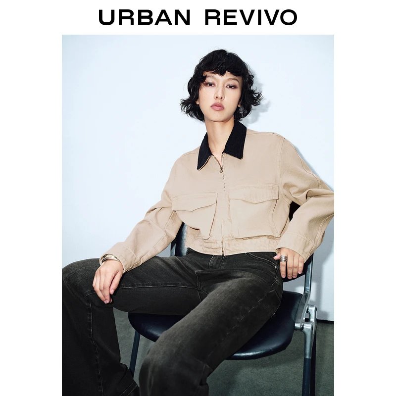 UR女装雅丹风撞色翻领廓形牛仔外套UYV840031