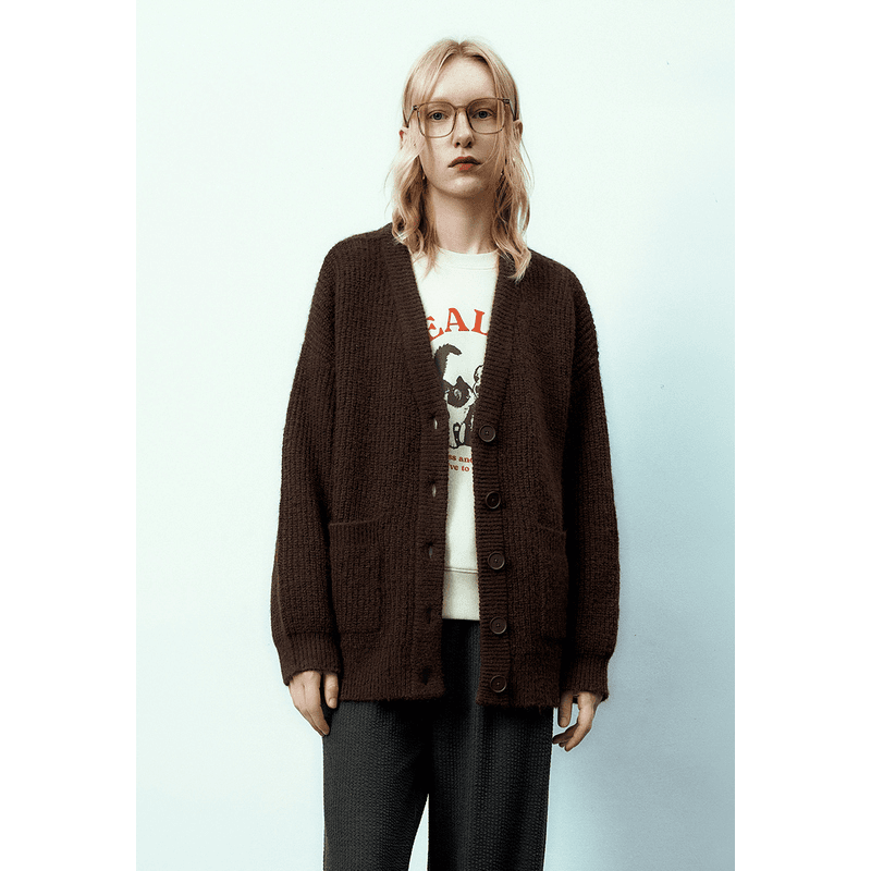 UR2023秋冬新款女装美拉德风双口袋V领小小织针织开衫UWU930118