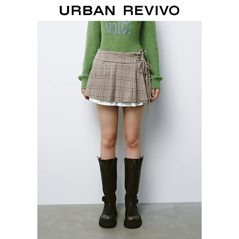 UR2024冬季新款女装复古学院少女拼接系带格子半裙UYL540025