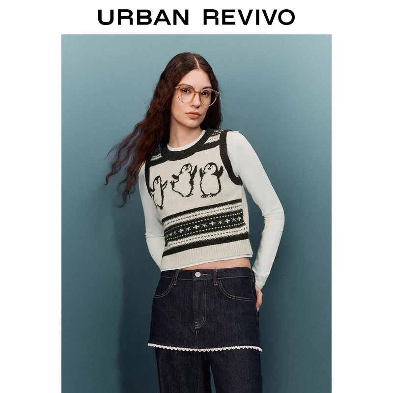 UR2024冬季新款女装学院风趣味图案提花无袖针织衫UYU940035