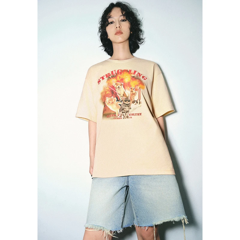 UR2024夏季新款女装趣味休闲萌宠印花棉质圆领短袖T恤UWV440110