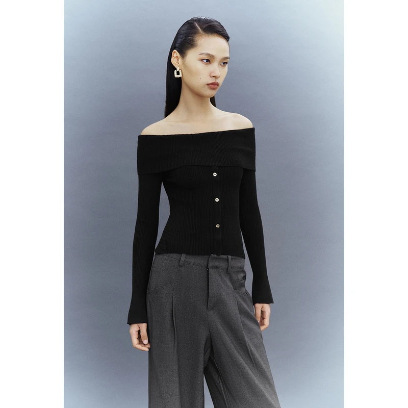 UR2024春季新款女装气质一字领修身纽扣短款针织衫UWG940046