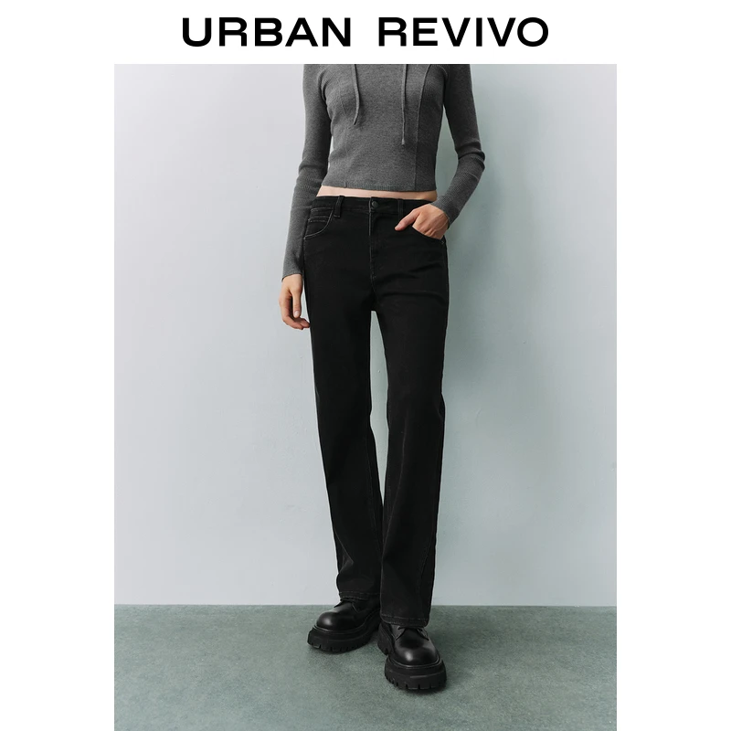 UR2024秋季新款女装经典休闲百搭黑色直筒牛仔长裤UYU840025