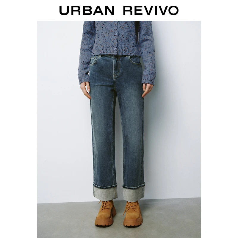 UR2024冬季新款女装百搭洗水磨白高腰直筒牛仔长裤UYY840106