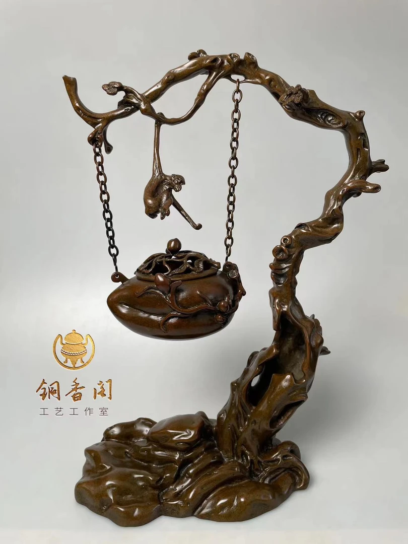 猴子摘桃挂薰吊炉手工书房办公室茶台客厅摆件紫铜工艺现代高度