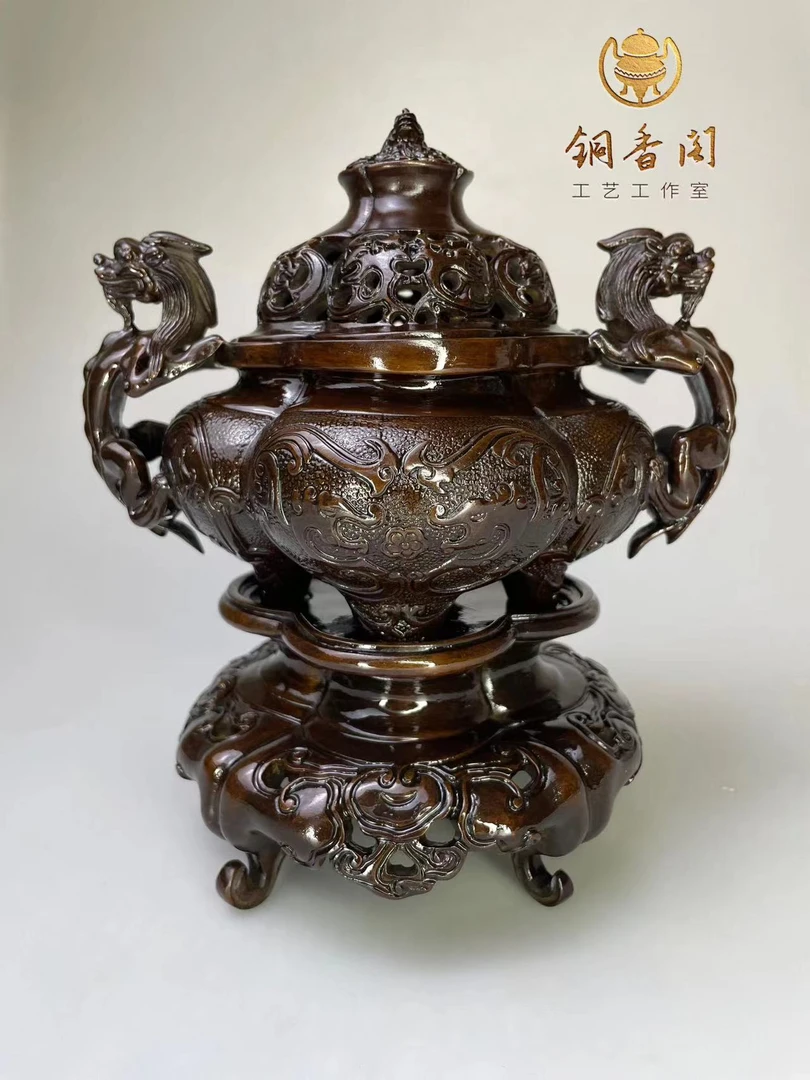 螭龙耳海棠纹三件套香熏炉燃香檀香手工茶桌客厅室现代香炉纯铜